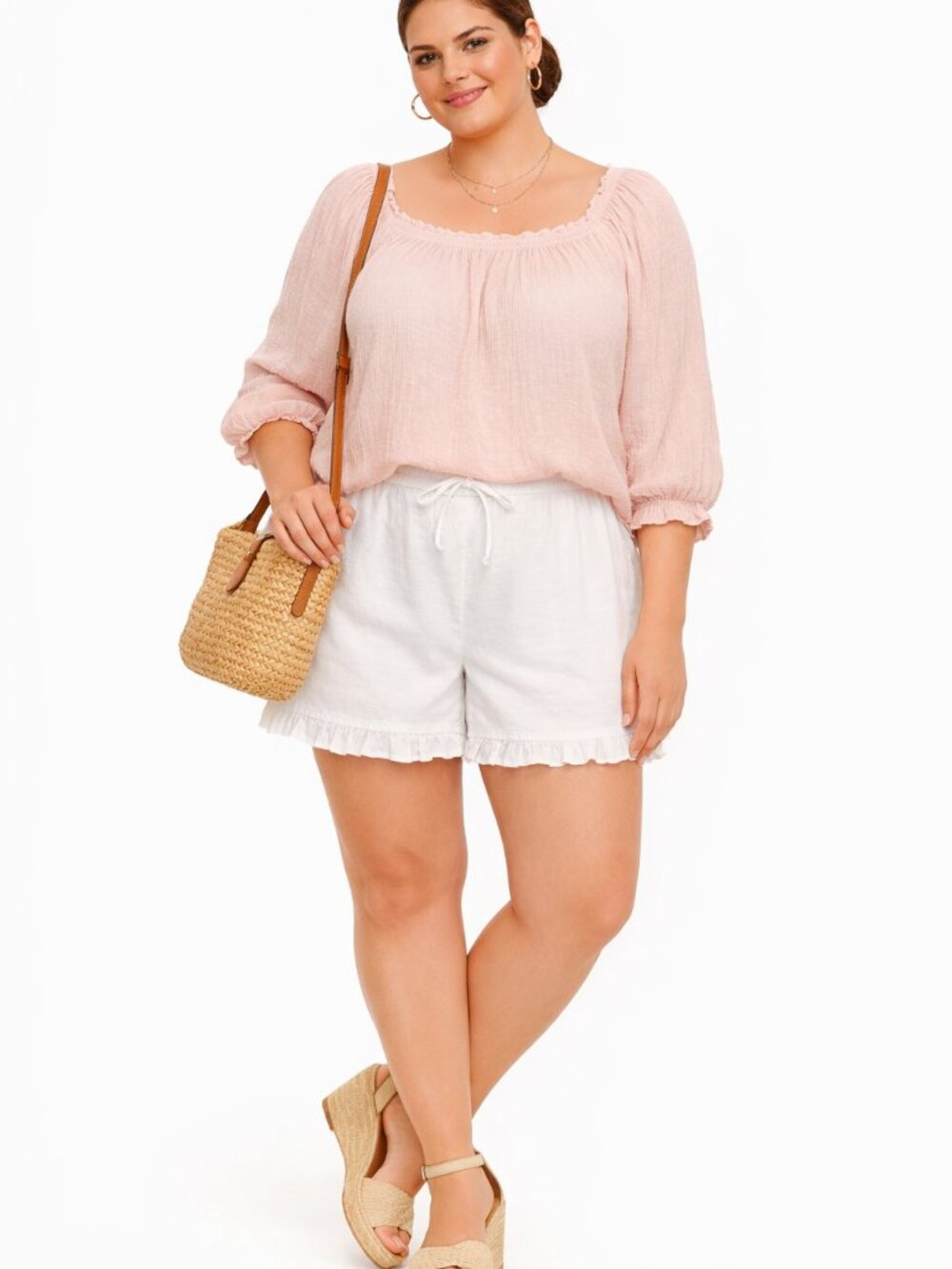 Crown & Ivy White High Waist Washable Linen Blend Ruffle Shorts with Pockets XL